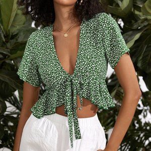 Tie Front Ruffle Hem Ditsy Floral Top